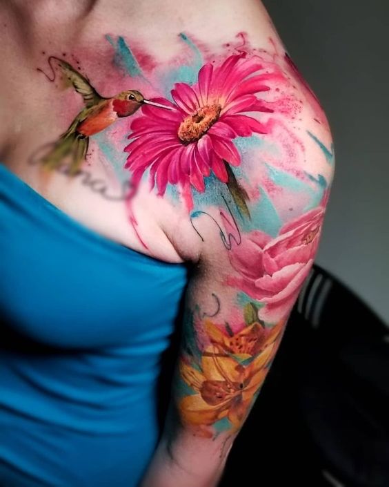 colibri con flores 2 - tatuajes de colibrí